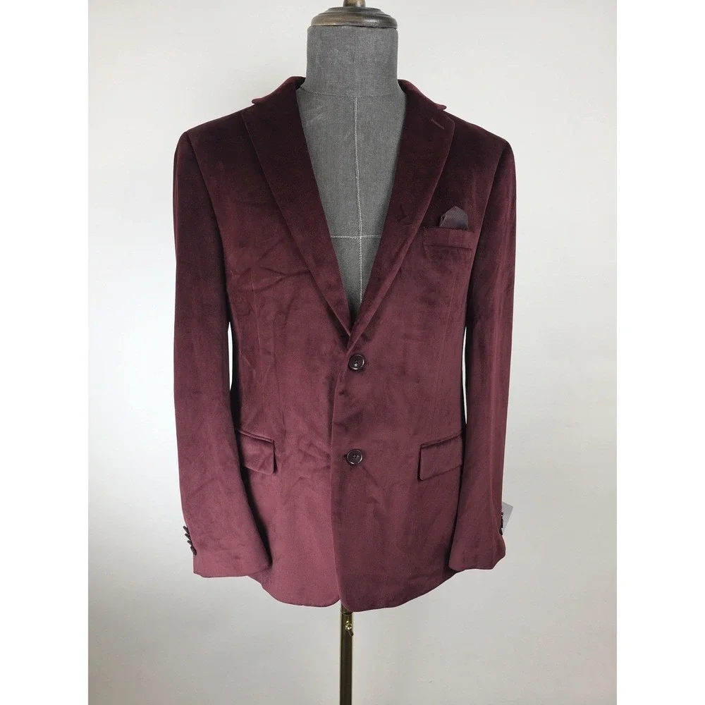 Alfani Sport Coat Mens 36S Burgundy Velvet Slim Fit Two Button Blazer Jacket NWT